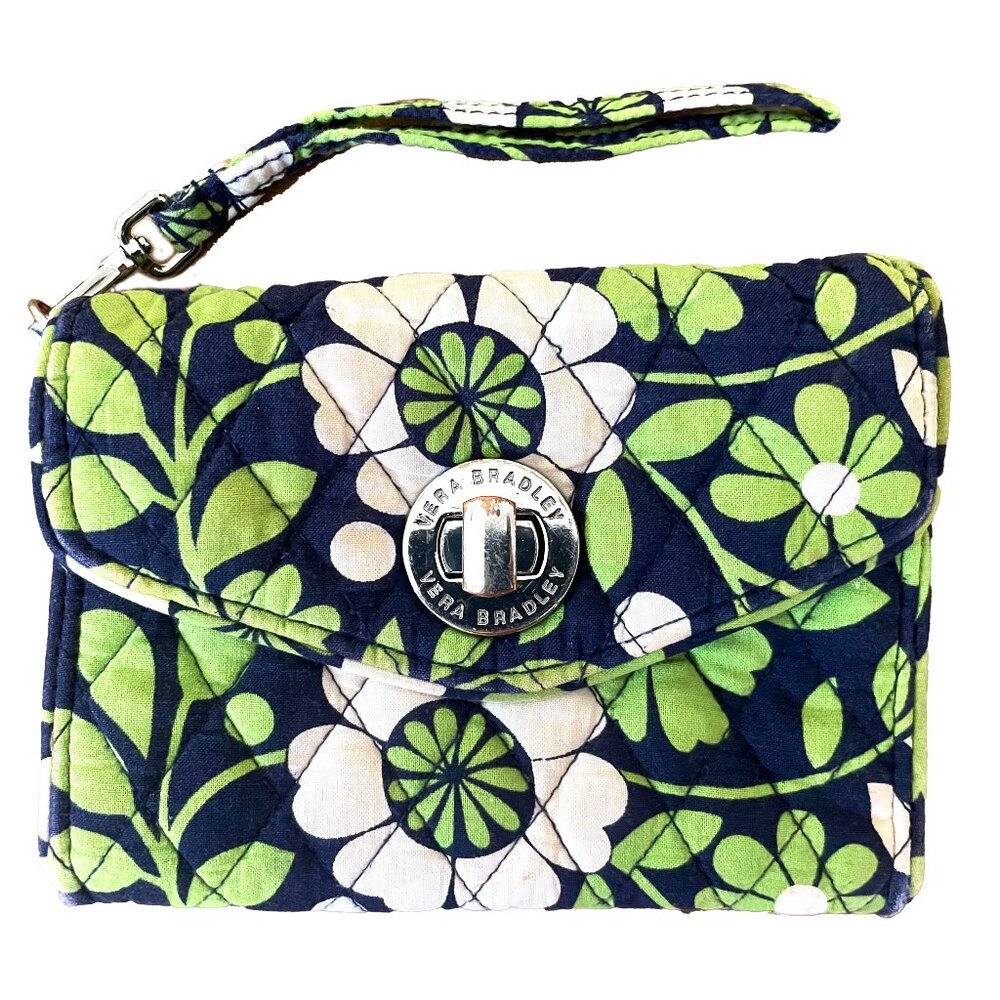 Vera Bradley Turnlock Wristlet Lucky You Navy & Green Floral Dot